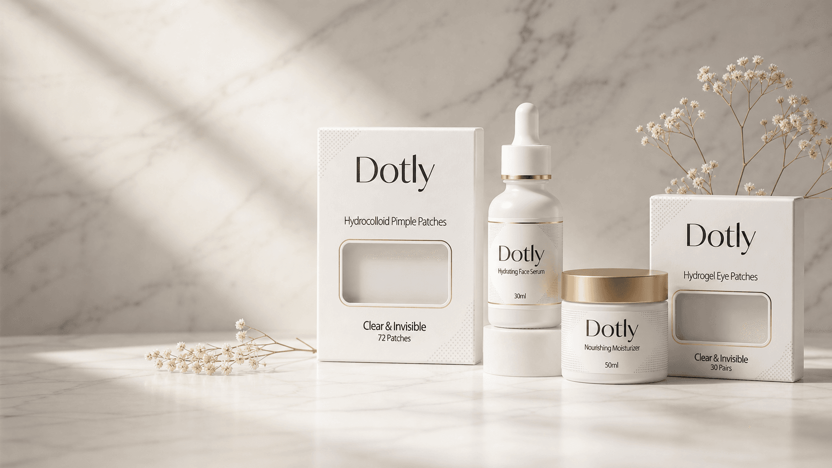 Dotly skincare patch collection on a warm marble backdrop