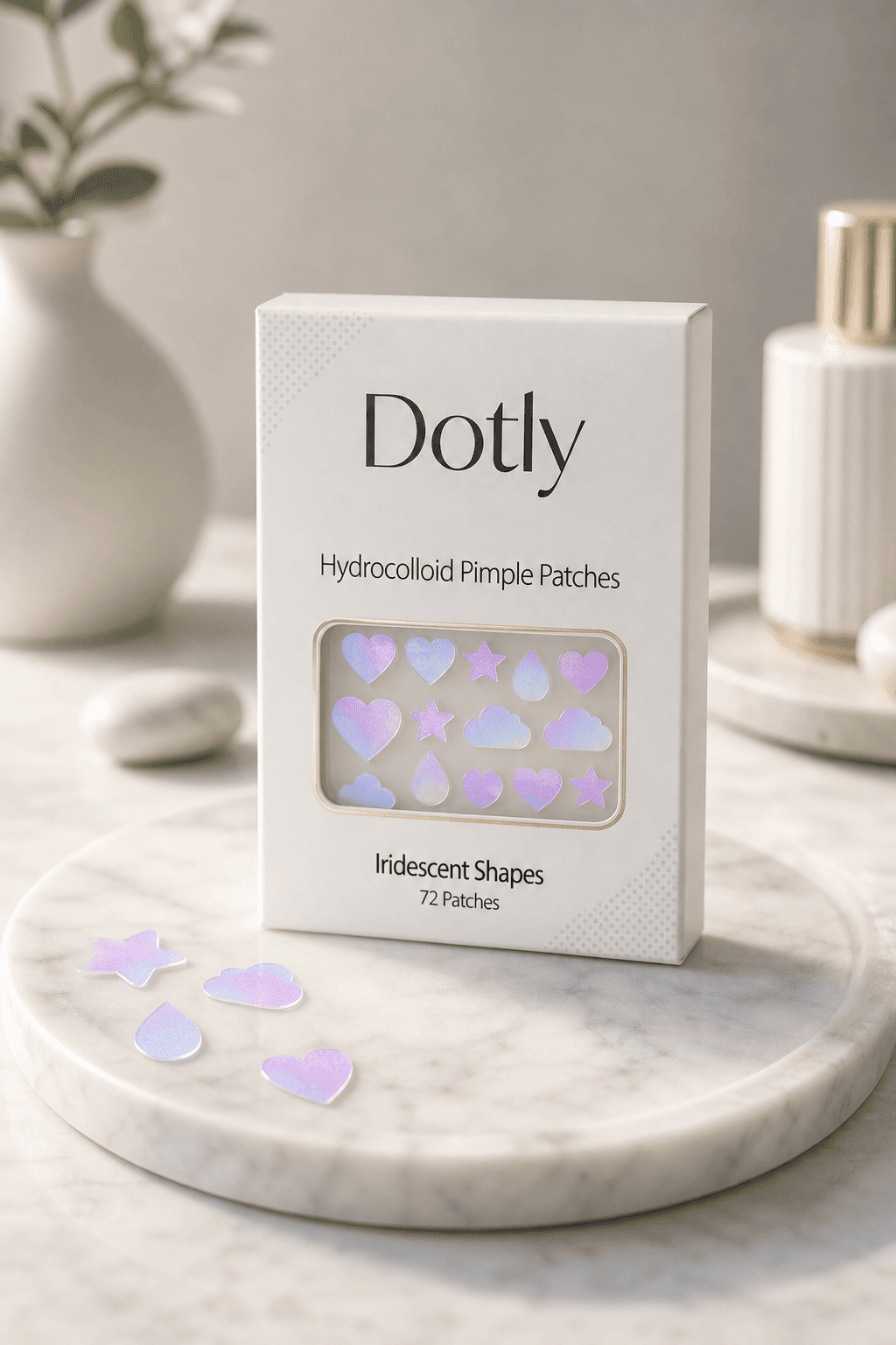 Dotly iridescent shaped hydrocolloid patches on a marble tray